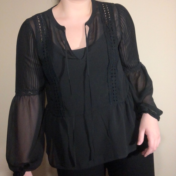 Express Tops - Express Sheer Black Pleated Long Sleeve Peplum Top
